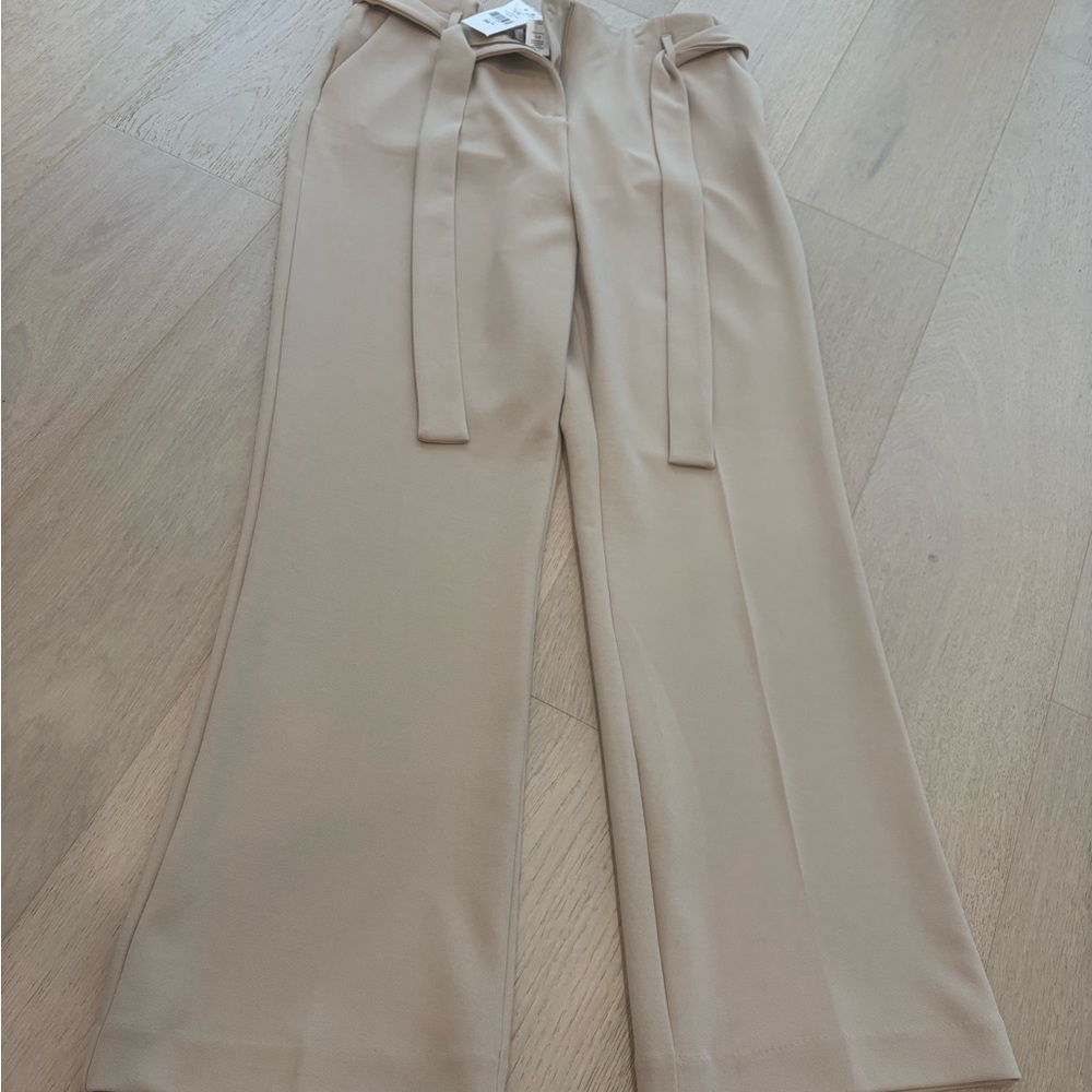 Beige Wide-Leg Tie-Waist Pants